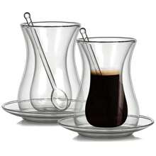 Set de 3 piezas de taza de té roja turca, taza de vidrio de 150ml con platillo y cuchara, taza de té roja transparente de doble capa, taza de té para uso doméstico - transparente - Ver 1