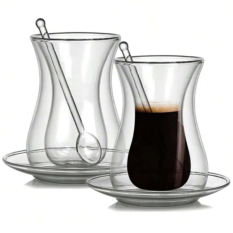 Set de 3 piezas de taza de té roja turca, taza de vidrio de 150ml con platillo y cuchara, taza de té roja transparente de doble capa, taza de té para uso doméstico - transparente - Ver 1