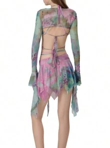 Women's 3 Piece Summer Outfits Long Sleeve Shrug Tops Tie Dye Print Vest Irregular Mini Skirt Set - 綠色 - 查看 6