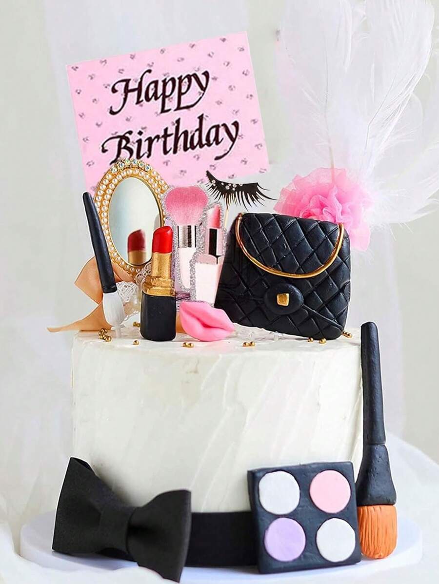 10 件或 6 件化妆蛋糕装饰、水疗生日蛋糕装饰、水疗派对用品、沙龙生日装饰，包括仿真化妆刷、眼影盘、口红、纸质生日快乐卡等，适用于女性生日蛋糕装饰、单身派对蛋糕装饰（手工制作，轻微瑕疵属正常现象，介意请勿购买） - 彩色 - 查看 1