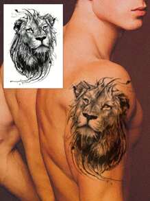 1 pieza Tatuaje temporal de león genial, calcomanía de tatuaje de león feroz para el brazo, la pierna, el pecho, tatuaje falso resistente al agua y vívido adecuado para hombres y mujeres - Negro - Ver 2