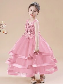 Vestido de princesa sin mangas hecho a mano con cuentas para niñas, vestido de gala formal con parches de satén y encaje, vestido de noche para bodas y actuaciones - Rosa - Ver 6