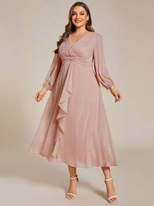 Vestido de dama de honor formal de manga larga con detalle de volantes y giro, talla grande, color rosa - Rosa vieja - Ver 4