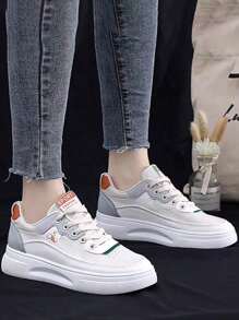 Women's Round Toe Lace Up Flat Sneakers, Dopamine Inspired With White/Green/Orange Colors, Suitable For Casual Wear, Christmas Gift, Fashion Sneakers - 灰色 - 查看 4