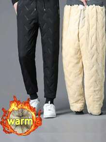 Men's Thermal Lined Sports Pants, Woven Polyester, Regular Fit, Solid Color, Non-Stretch, With Drawstring, Suitable For Autumn/Winter Leisure & Sports Wear