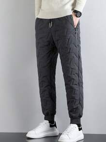 Men's Thermal Lined Sports Pants, Woven Polyester, Regular Fit, Solid Color, Non-Stretch, With Drawstring, Suitable For Autumn/Winter Leisure & Sports Wear