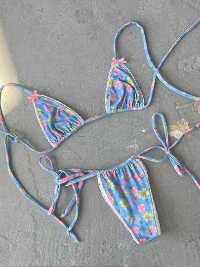 Fashionable Floral Print Women's Bow Decor Sexy Beach Bikini Set
