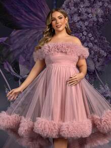 Plus Maternity Ruffle Trim Off Shoulder High Low Hem Tulle Photography Dress - Dusty Pink - View 8