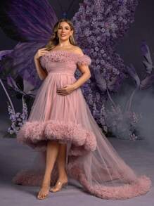 Plus Maternity Ruffle Trim Off Shoulder High Low Hem Tulle Photography Dress - Dusty Pink - View 6