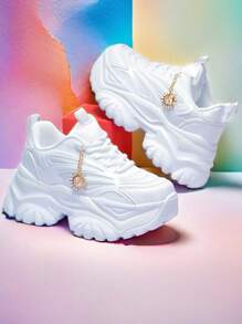 Women's Fashion Casual Sports Shoes With Sunflower Metal Decorative Charm, Outdoor All Season High Platform White High Heel Shoes, Lightweight Soft Bottom Shock Absorbing Running Sneakers, Summer Breathable Quick Dry Mesh Sandals, Round Toe Lace-Up White Shoes For College Students, Teenagers, Daily, Date, Workout, Office, Non-Slip Increased Height 7CM Platform Sports Shoes