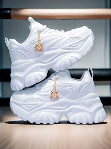 Women's Fashion Casual Sports Shoes With Sunflower Metal Decorative Charm, Outdoor All Season High Platform White High Heel Shoes, Lightweight Soft Bottom Shock Absorbing Running Sneakers, Summer Breathable Quick Dry Mesh Sandals, Round Toe Lace-Up White Shoes For College Students, Teenagers, Daily, Date, Workout, Office, Non-Slip Increased Height 7CM Platform Sports Shoes