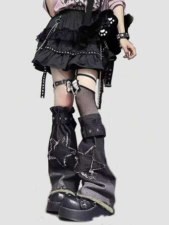 polve 1 Pair Y2K Subculture Distressed Ombre Starry Leg Warmers, Slimming Black Leg Warmers With Bows & Flared Design