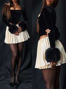 Women's Autumn Winter Velvet Tops Long Sleeve Square Neck Plush Cuff Slimming T-Shirt - Black - View 3