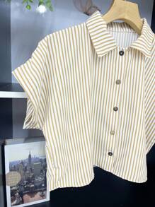 ELLIE Casual Striped Print Loose Cropped Shirt - 香檳色 - 查看 3