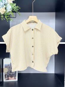 ELLIE Casual Striped Print Loose Cropped Shirt - 香檳色 - 查看 1