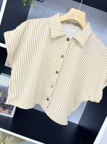 ELLIE Casual Striped Print Loose Cropped Shirt - 香檳色 - 查看 2