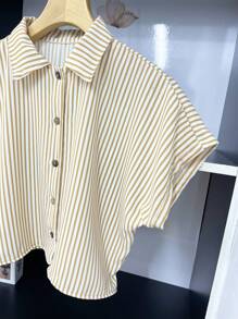 ELLIE Casual Striped Print Loose Cropped Shirt - 香檳色 - 查看 4