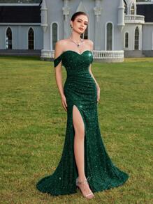 ADYCE Solid Color Sequin Shiny Off-Shoulder Slit Backless Cocktail Party Maxi Dress - Dark Green - View 8