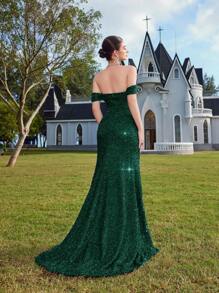 ADYCE Solid Color Sequin Shiny Off-Shoulder Slit Backless Cocktail Party Maxi Dress - Dark Green - View 2