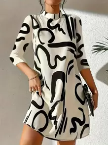 Women 3/4 Sleeve Patterned Printed Casual Midi Dress, Versatile For Commuting,Spring/Summer New Arrival - Apricot - View 1