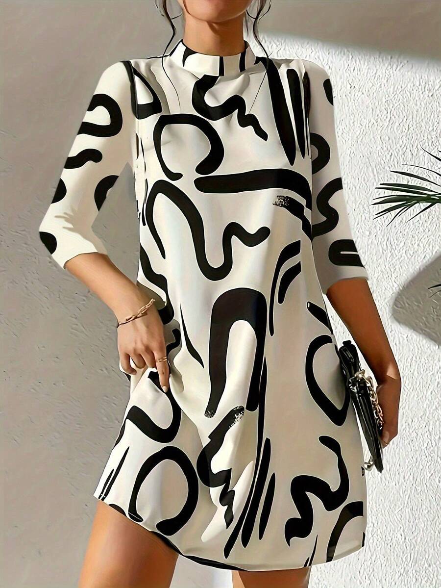 Women 3/4 Sleeve Patterned Printed Casual Midi Dress, Versatile For Commuting,Spring/Summer New Arrival - Apricot - View 1