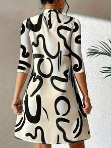 Women 3/4 Sleeve Patterned Printed Casual Midi Dress, Versatile For Commuting,Spring/Summer New Arrival - Apricot - View 2