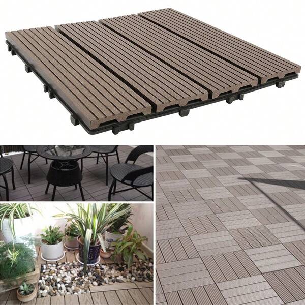Carrelage de jardin terrasse WPC plastique, lot de 11 pour 1m², couleur teck, carrelage clic, revêtement de sol avec drainage