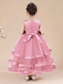 Vestido de princesa sin mangas hecho a mano con cuentas para niñas, vestido de gala formal con parches de satén y encaje, vestido de noche para bodas y actuaciones - Rosa - Ver 8