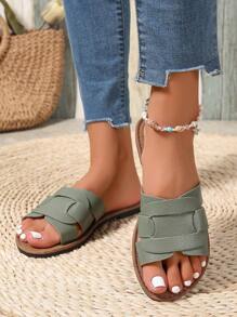 大码圆头欧式凉鞋，舒适一脚蹬系带拖鞋，防滑耐磨沙滩平底凉鞋，休闲时尚户外女士拖鞋，春夏 - 橄欖綠 - 查看 3