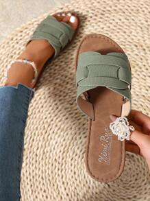 大码圆头欧式凉鞋，舒适一脚蹬系带拖鞋，防滑耐磨沙滩平底凉鞋，休闲时尚户外女士拖鞋，春夏 - 橄欖綠 - 查看 2