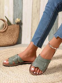 大码圆头欧式凉鞋，舒适一脚蹬系带拖鞋，防滑耐磨沙滩平底凉鞋，休闲时尚户外女士拖鞋，春夏 - 橄欖綠 - 查看 5