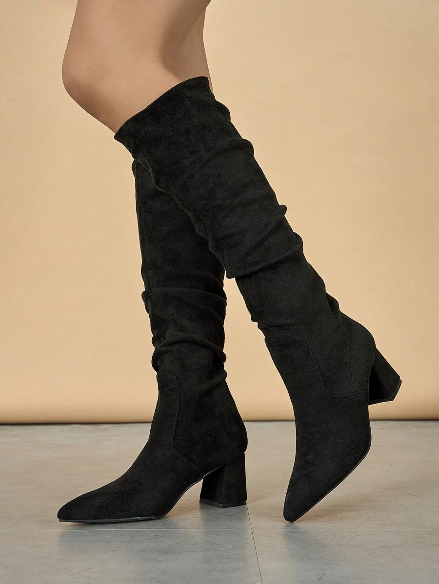 2025 New Women's Fashion Comfortable Versatile Solid Color Slip-On High Heel Tall Boots, Suitable For Any Occasion, Travel And Holiday - Black - View 1