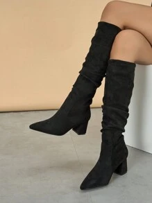 2025 New Women's Fashion Comfortable Versatile Solid Color Slip-On High Heel Tall Boots, Suitable For Any Occasion, Travel And Holiday - Black - View 4