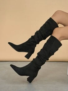 2025 New Women's Fashion Comfortable Versatile Solid Color Slip-On High Heel Tall Boots, Suitable For Any Occasion, Travel And Holiday - Black - View 5