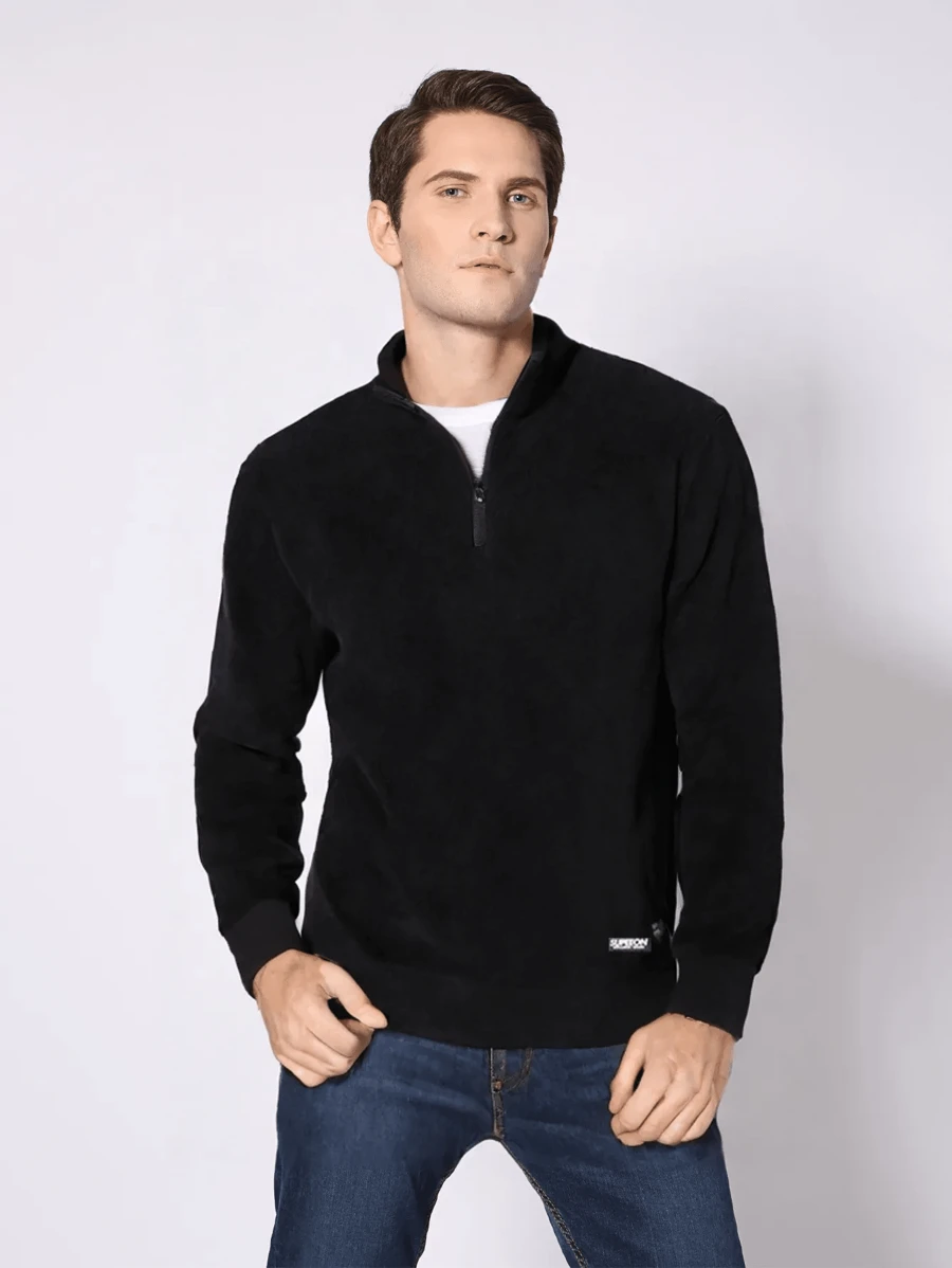 Nueva lista de otoño e invierno nuevos hombres de color sólido shaker suéter cómodo cálido medio abierto placket zip cuello de manga larga suéter unisex viento de la moda casual tops - Negro - Ver 1
