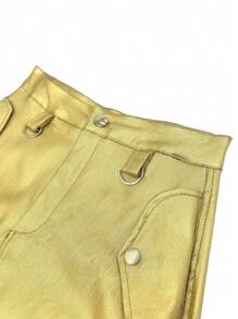 Falda ajustada de tela satinada estilo callejero con abertura en la espalda Falda ajustada de cintura alta - Dorado - Ver 4