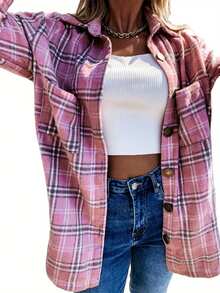 Women Fashion Long Sleeve Plaid Top Casual Lapel Cardigan Coat For Shopping Daily Wear