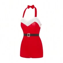 Women's Mrs. Claus Costume, Sleeveless Faux Fur Trim Halter Romper Short Jumpsuit