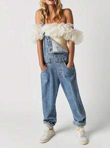 Women Denim Long Jumpsuit Casual Spaghetti Strap Wide Leg Romper Pants Summer Baggy Bib Overalls - 淺藍色 - 查看 3