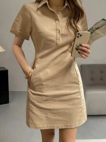 Đầm ngắn dáng suông thanh lịch, đơn giản, cổ ve lật, kiểu dáng mới mùa xuân hè, tôn dáng cho nữ, thích hợp mặc thường ngày. - Màu Khaki - Xem 5