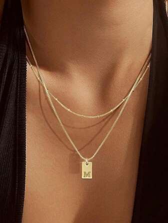 2 件不锈钢双层链 26 个字母 A-Z 名字首字母吊坠项链，女士日常佩戴珠宝礼物送给朋友