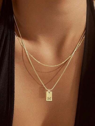 2 件不锈钢双层链 26 个字母 A-Z 名字首字母吊坠项链，女士日常佩戴珠宝礼物送给朋友