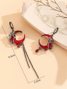 1 对不对称深红色新月耳环，复古设计高端时尚不对称流苏玫瑰花耳饰女士 - 紅色 - 查看 4