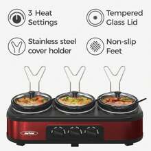 Sunvivi Triple Slow Cooker Buffet Servers And Warmer,3 Pot Food Small Mini Manual Slow Cooker With Adjustable Temp Stainless Steel Lid Rests,Removable Ceramic Pot,4.5 QT Red - US A Type Plug(110-127V) - View 3