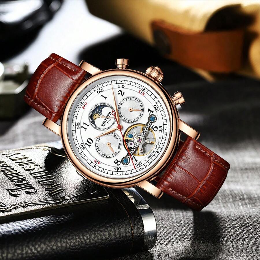 KINYUED Automatic Mechanical Watch Business Men's Watch Multi-Function Mechanical Watch Gentleman Style Men's Watch - 玫瑰金 - 查看 1