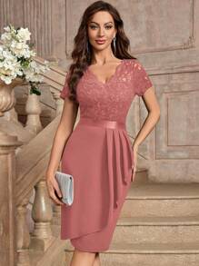 MIUSOL Floral Lace V-Neck Ruffle Trim Wrap Hem Cocktail Party Bodycon Dress, Wedding Guest Dress - Dusty Pink - View 2