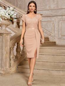 MIUSOL Elegant Sequin Lace Puff Sleeve Ruched Split Thigh Cocktail Party Bodycon Dress, Wedding Guest Dress