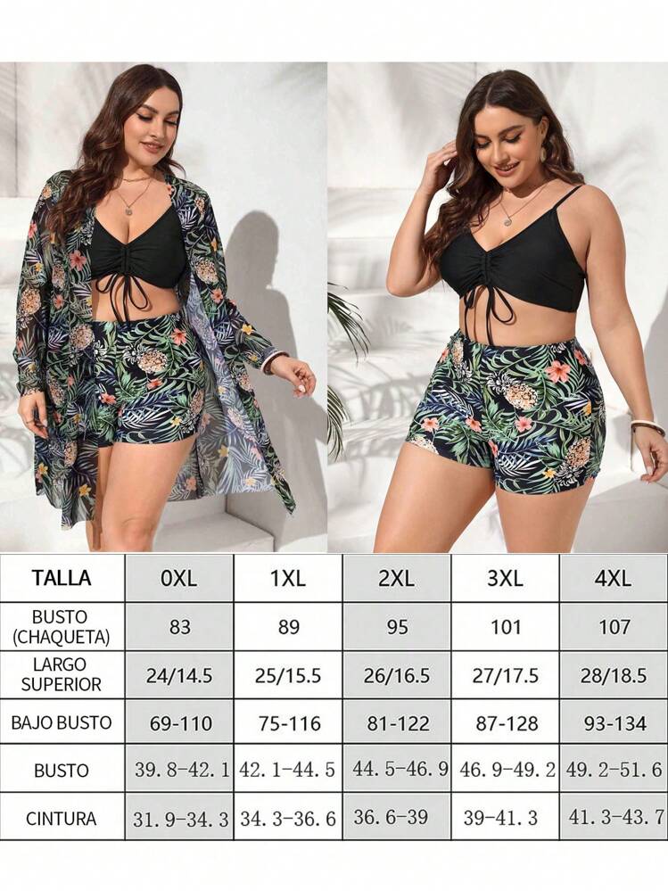 Conjunto de traje de baño estampado tropical de talla grande top de tirantes con cordón y kimono de verano para mujer moda 3 piezas - Negro - Añade 7