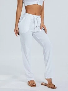 Women's Loose Trousers Casual Solid Color Wide-Leg Trousers Drawstring Design Fashion Bottoms Long Pants - 白色 - 查看 5