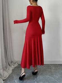Red Color Square Neck Sexy V-Shaped Decorative Button Long Sleeve Waist Ruched Ruffle Elegant Dress,Fashionable,Romantic,Wedding Dating Evening Party Dress,New Women's Clothing - Red - View 3